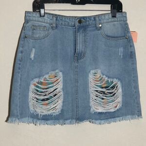 Fashion Express Denim Mini Skirt Sz L Distressed Ripped Raw Hem Festival‎ Trendy